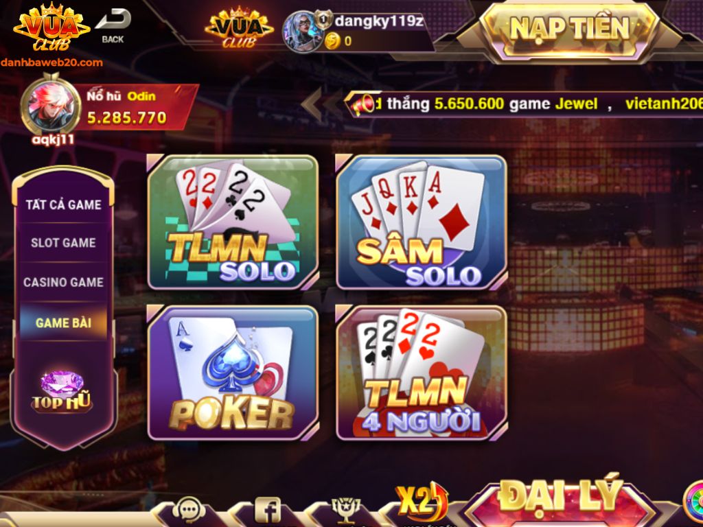 Các trò chơi Game Bài tại Vuaclub