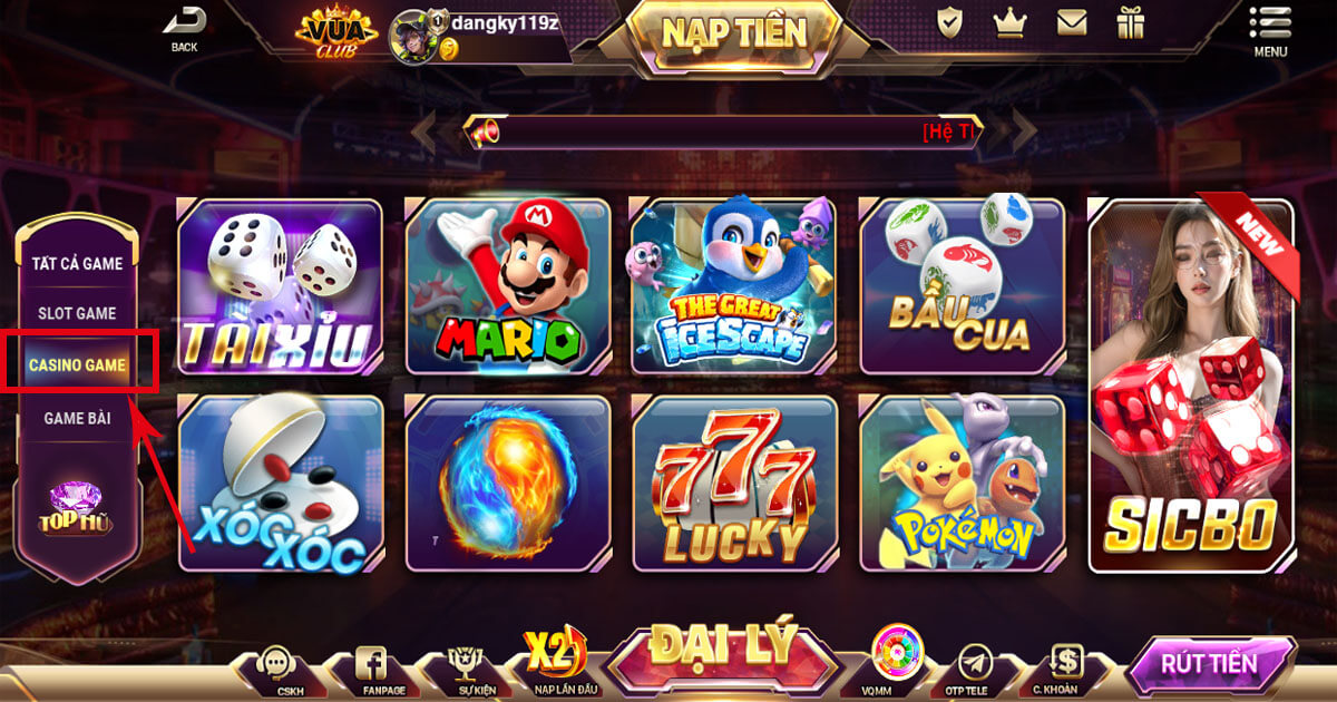 Chọn mục “CASINO GAME” tại sảnh chính Vuaclub