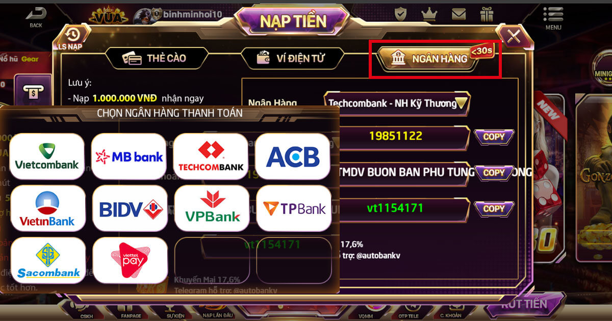 Nạp tiền VuaClub qua ngân hàng