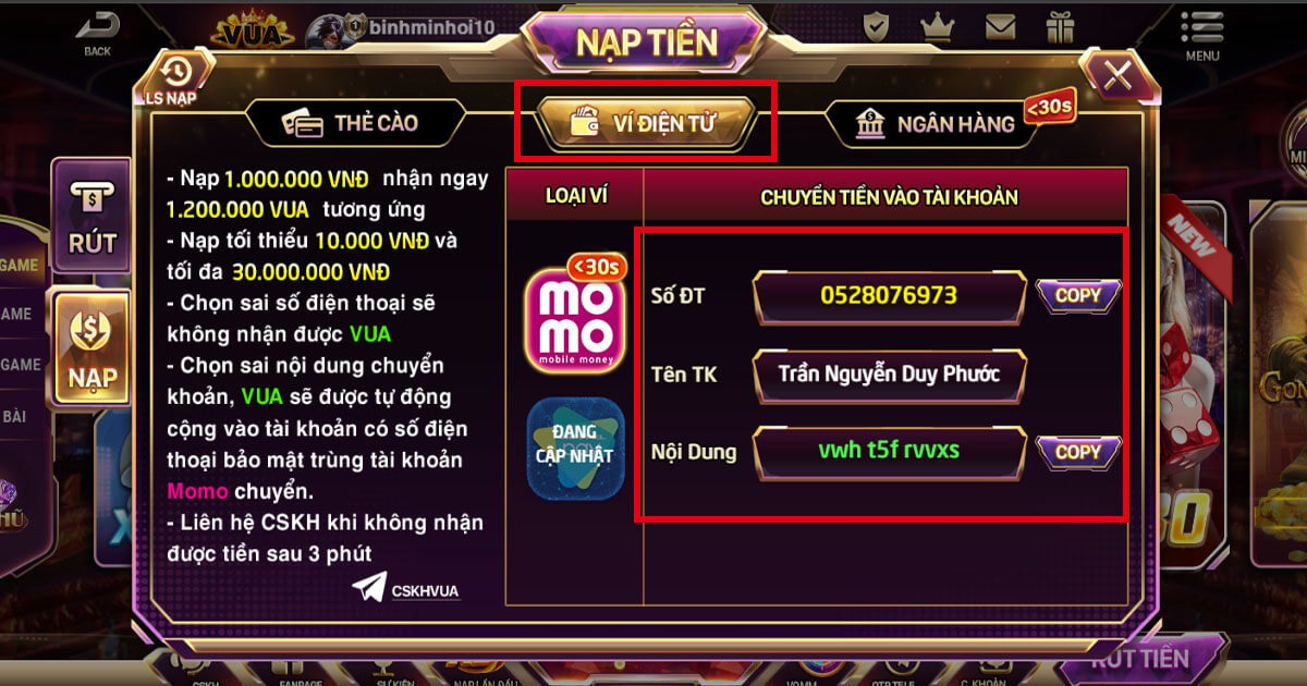 Nạp tiền VuaClub qua ví điện tử Momo, Zalopay, Viettel Money