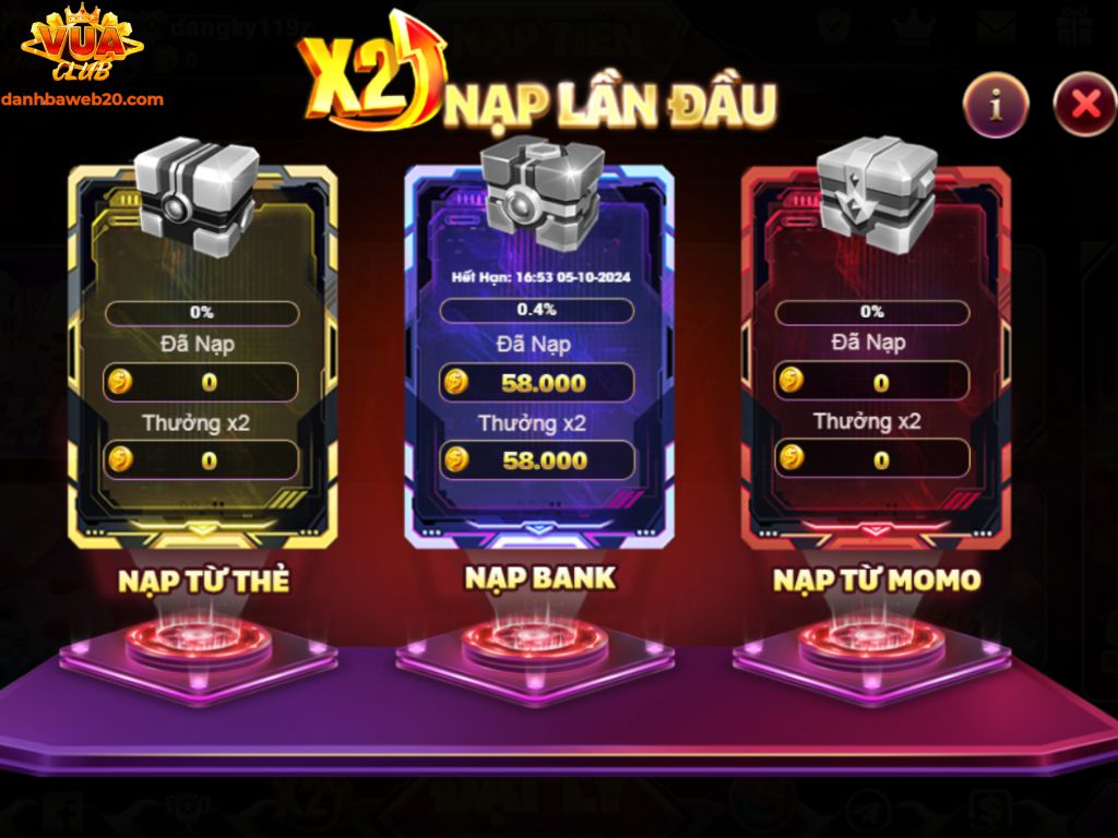 Ưu đãi x2 cho tài khoản Vuaclub mới nạp lần đầu