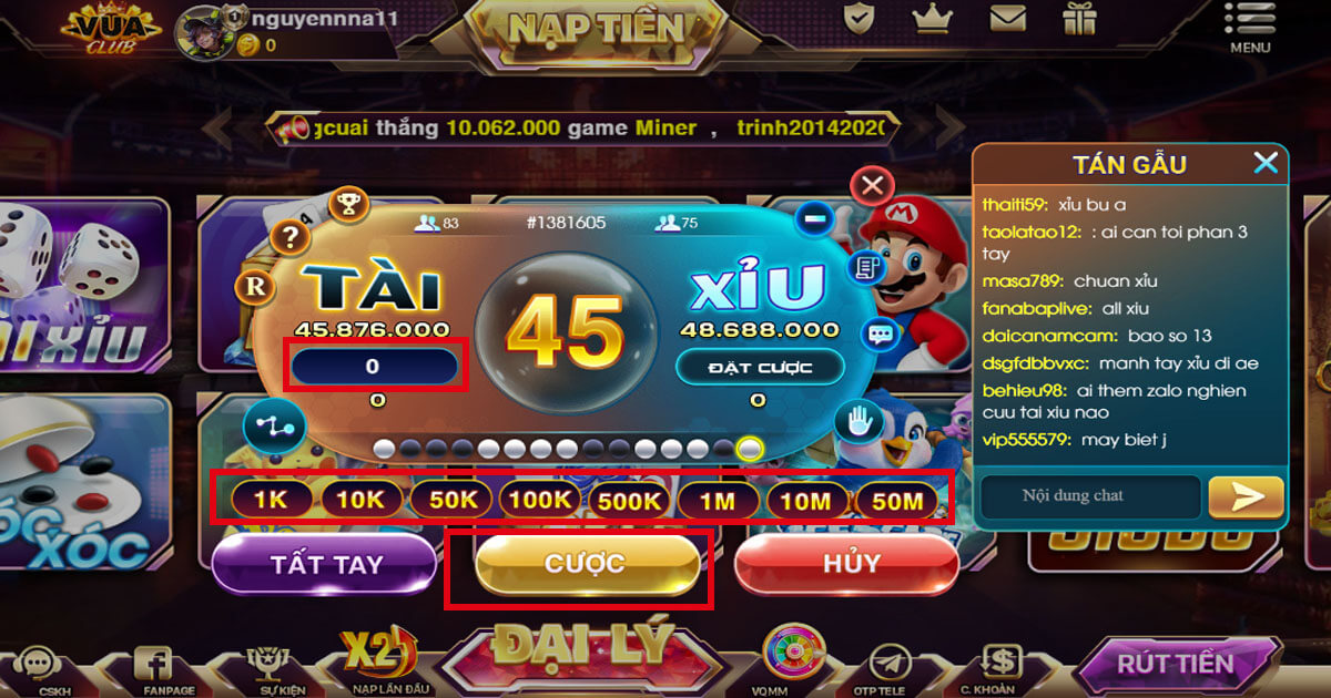 Cách đặt cược game Tài Xỉu Vuaclub