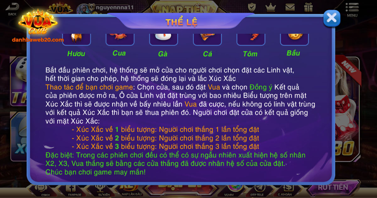 Bảng tính thưởng game Bầu Cua Vuaclub